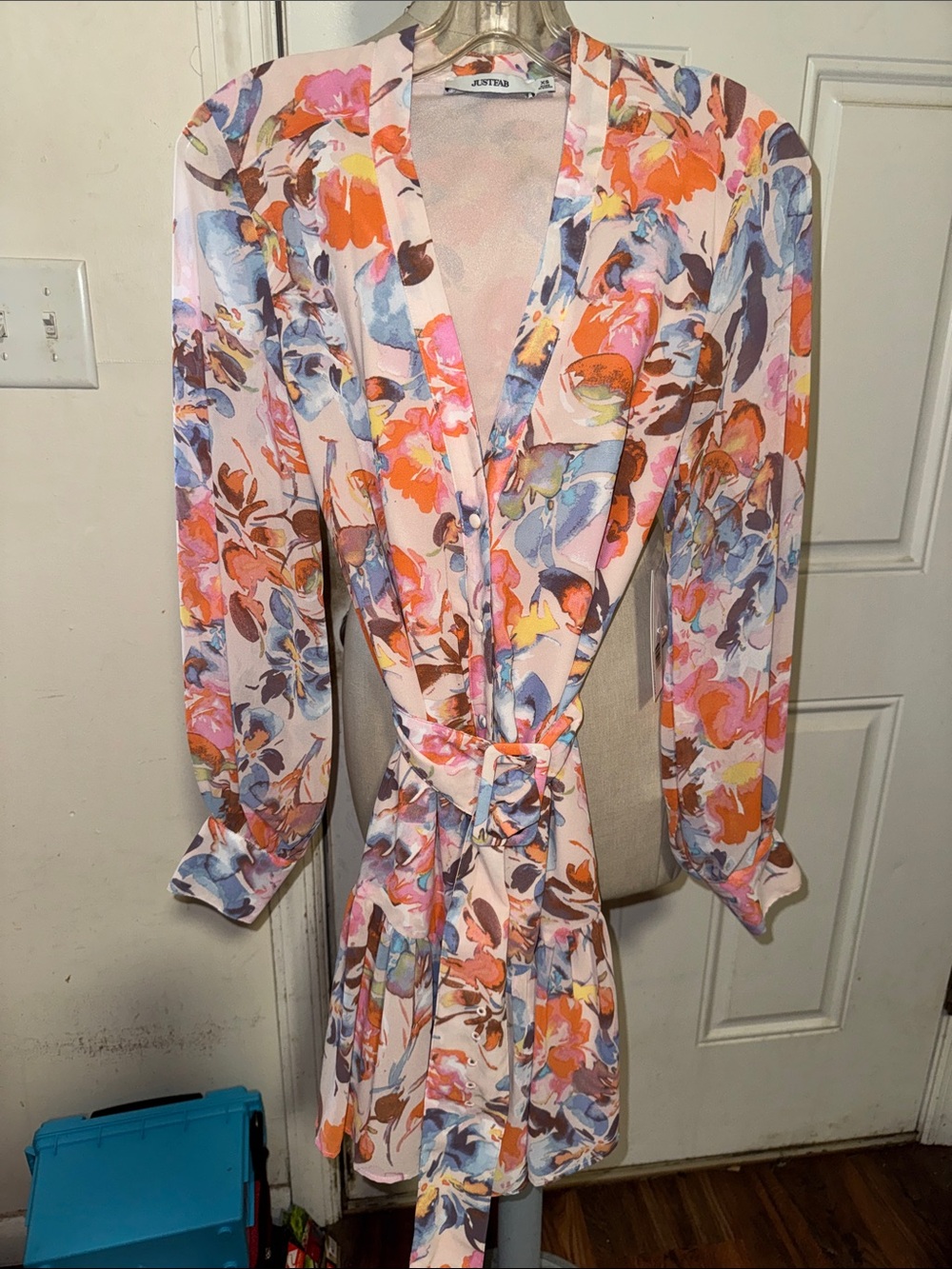 JustFab Floral Wrap Dress in Pink, Orange, Blue